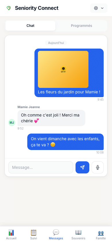 Chat aidant — Conversation avec le senior, photos et messages vocaux