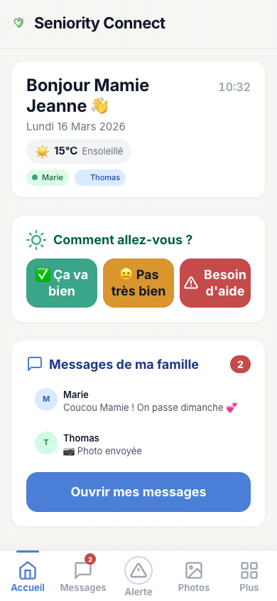 Écran d'accueil senior — Horloge, météo, check-in quotidien et boutons d'action
