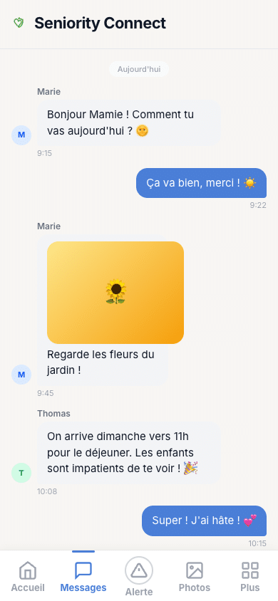 Écran messages senior — Conversations avec la famille, photos et messages vocaux